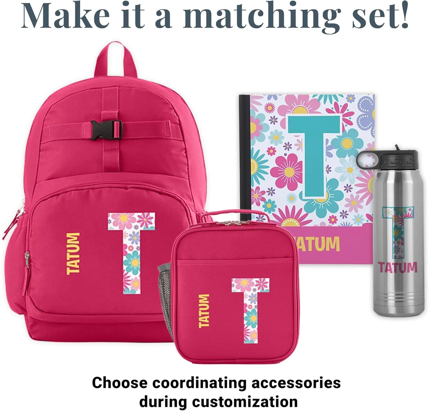 Let's Make Memories Kids Backpack for School - Personalized Back to School Supplies - Bookbag with Lunch Box - Pink - Flowers