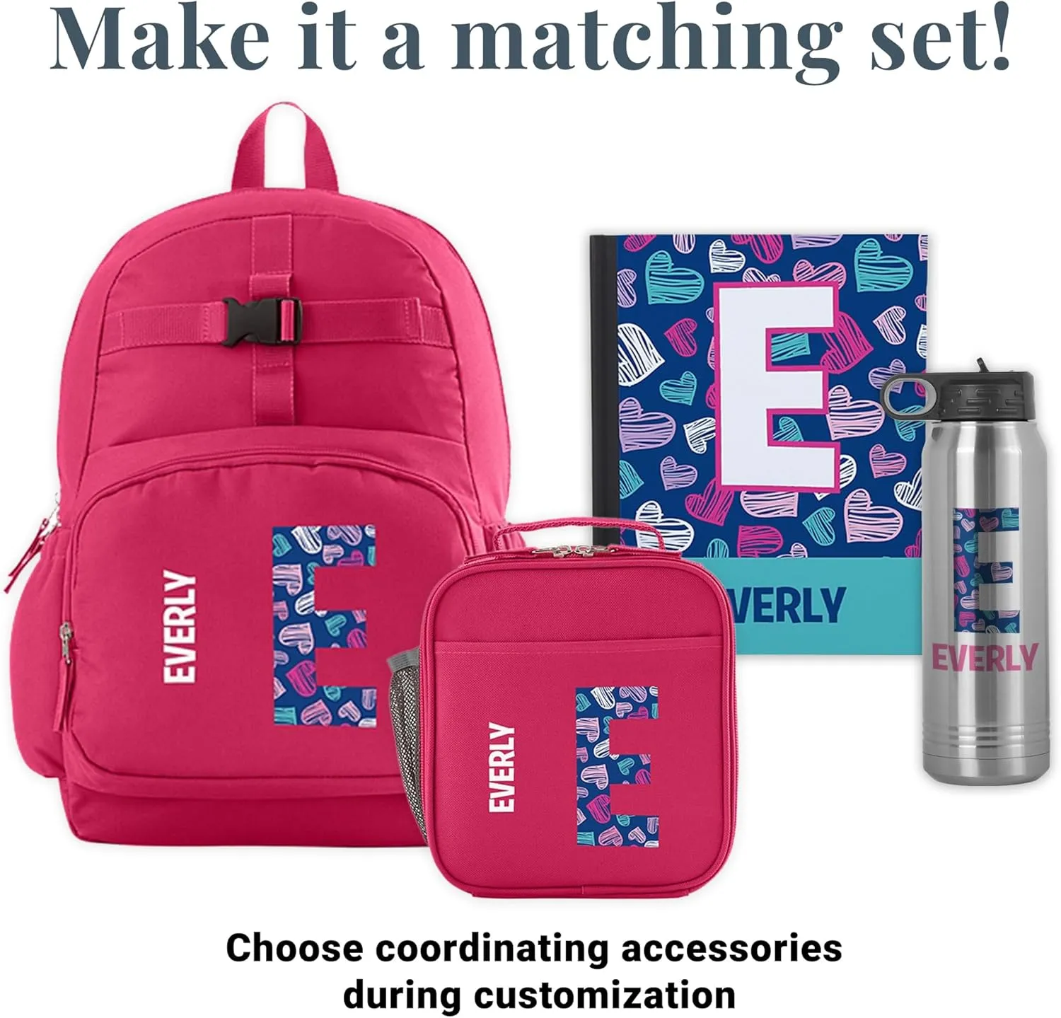 Let's Make Memories Kids Backpack for School - Personalized Back to School Supplies - Bookbag with Lunch Box - Pink - Hearts