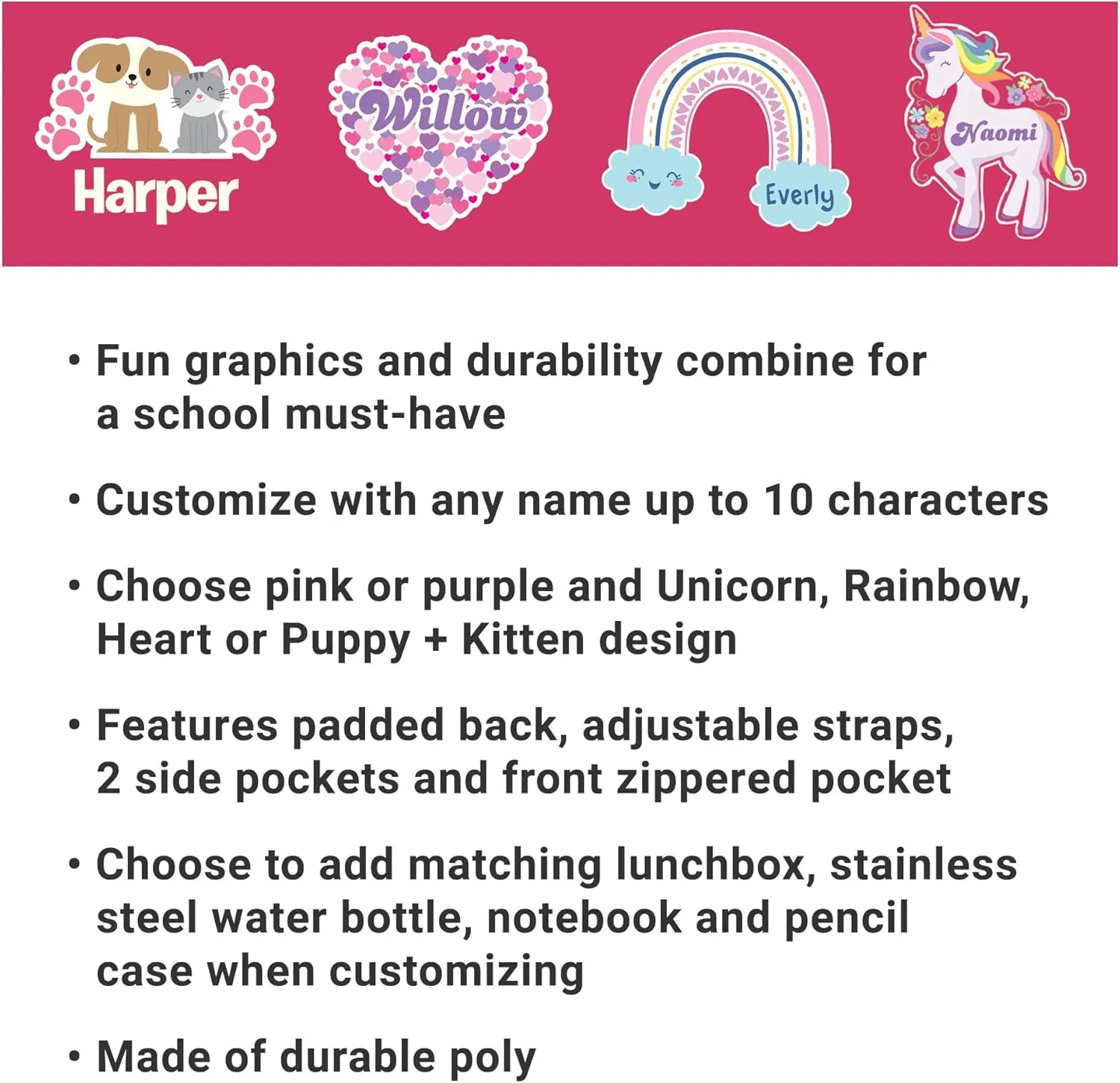 Let's Make Memories Kids Backpack for School - Personalized Back to School Supplies - Bookbag with Lunch Box - Pink - Rainbow
