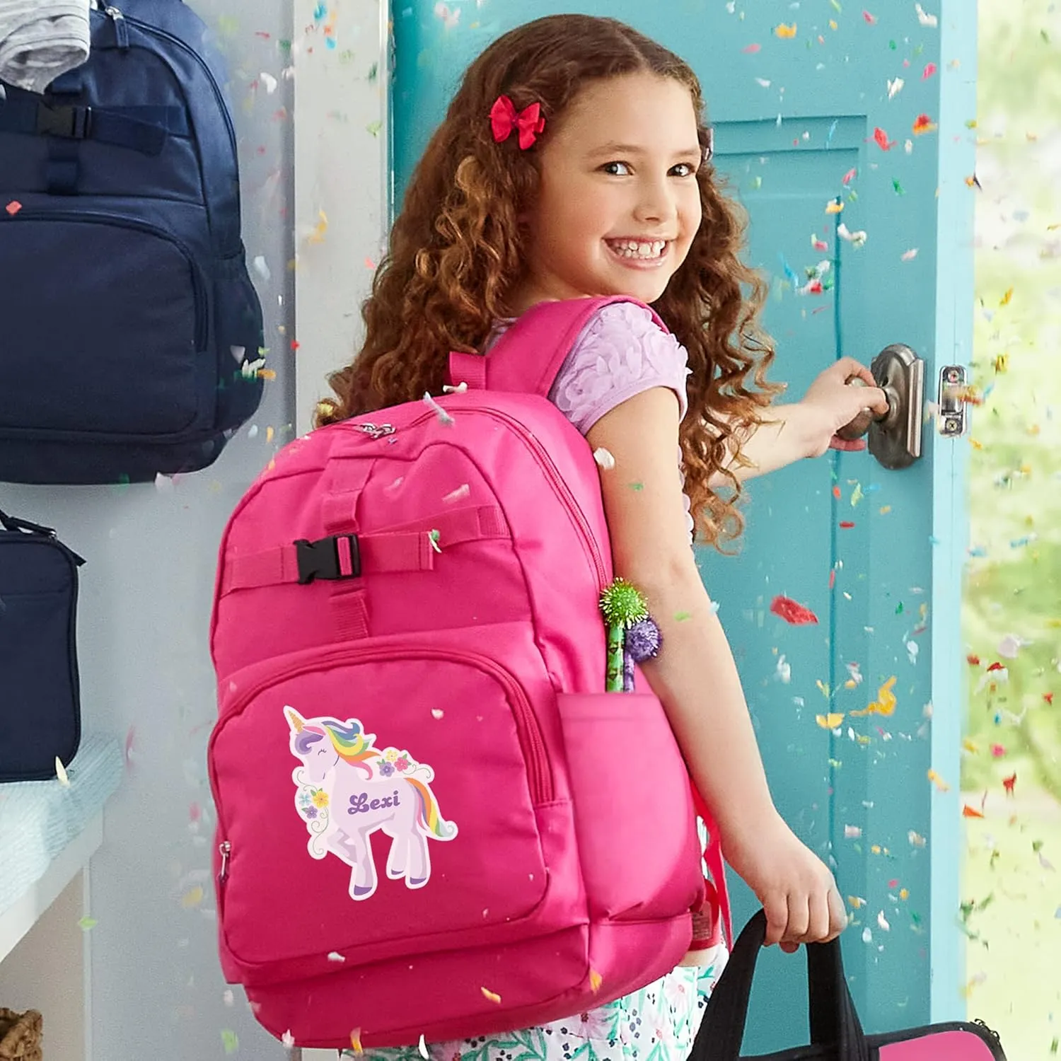 Let's Make Memories Kids Backpack for School - Personalized Back to School Supplies - Bookbag with Lunch Box - Pink - Rainbow