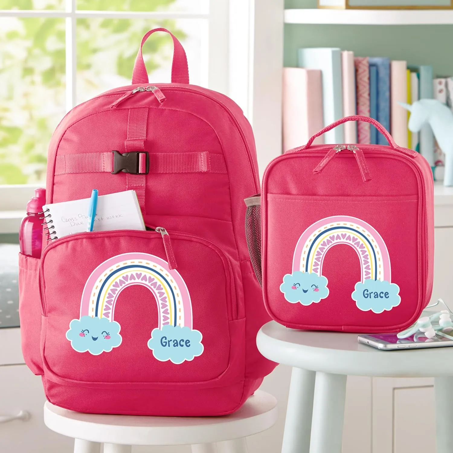 Let's Make Memories Kids Backpack for School - Personalized Back to School Supplies - Bookbag with Lunch Box - Pink - Rainbow