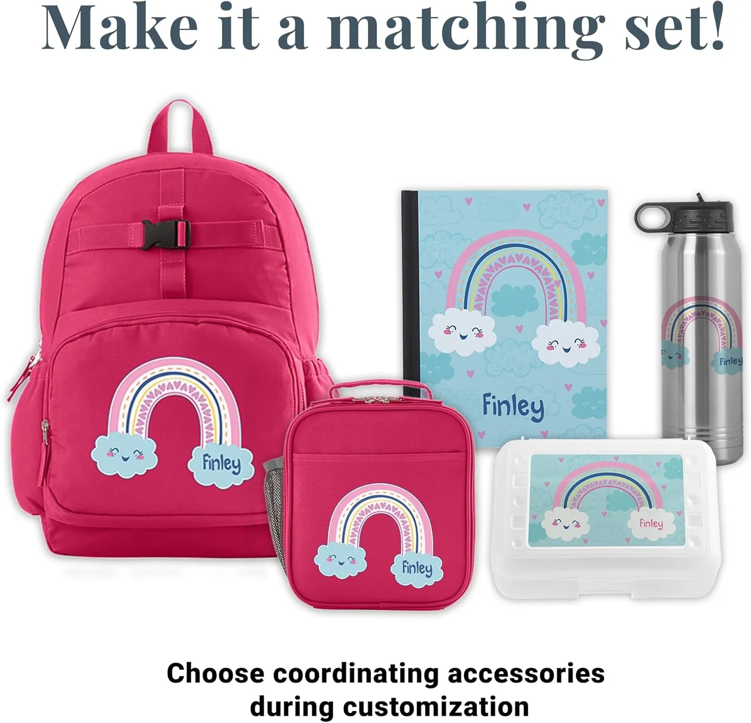 Let's Make Memories Kids Backpack for School - Personalized Back to School Supplies - Bookbag with Lunch Box - Pink - Rainbow