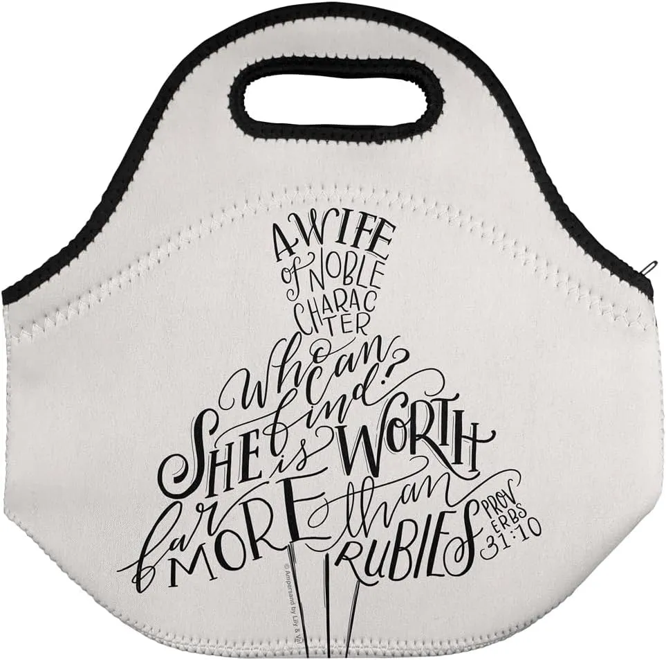 Lily & Val A Wife of Noble Character Proverbs Dress Soft Neoprene Lunch Bag, Lightweight, Insulated, Reusable for School, Work, Office