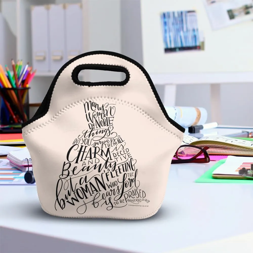 Lily & Val Many Women Do Noble Things Proverbs Soft Neoprene Lunch Bag, Lightweight, Insulated, Reusable for School, Work, Office