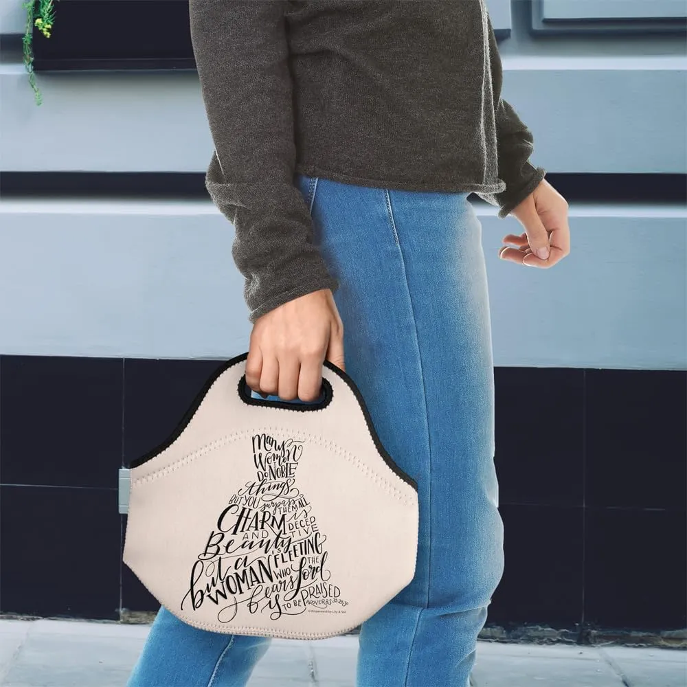 Lily & Val Many Women Do Noble Things Proverbs Soft Neoprene Lunch Bag, Lightweight, Insulated, Reusable for School, Work, Office