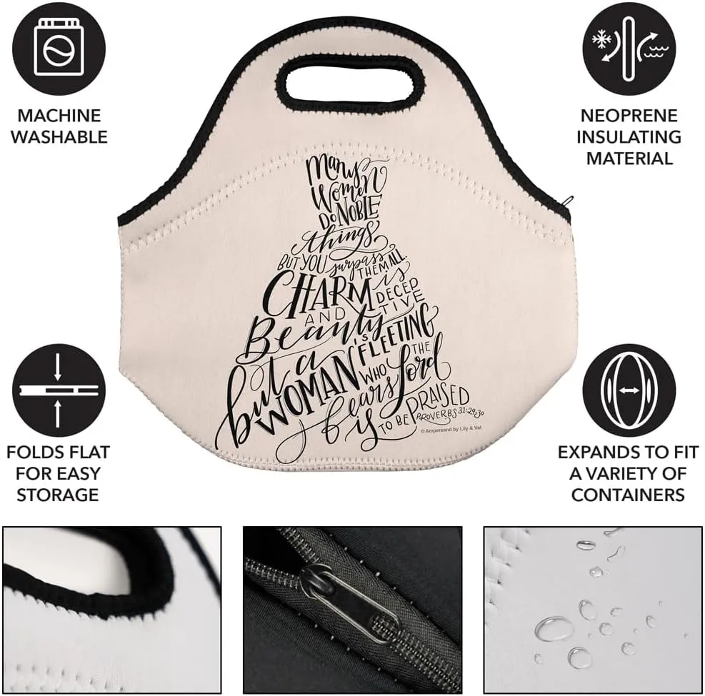 Lily & Val Many Women Do Noble Things Proverbs Soft Neoprene Lunch Bag, Lightweight, Insulated, Reusable for School, Work, Office
