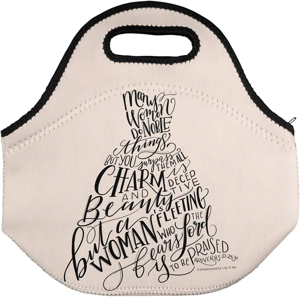 Lily & Val Many Women Do Noble Things Proverbs Soft Neoprene Lunch Bag, Lightweight, Insulated, Reusable for School, Work, Office