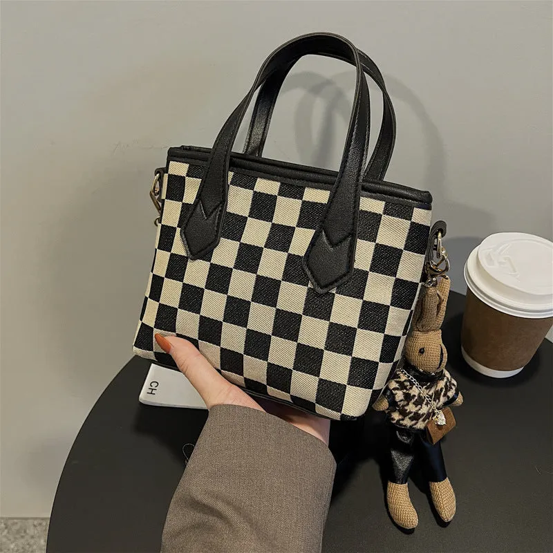 Lily – Houndstooth Pattern Tote with Vegan Leather Handles