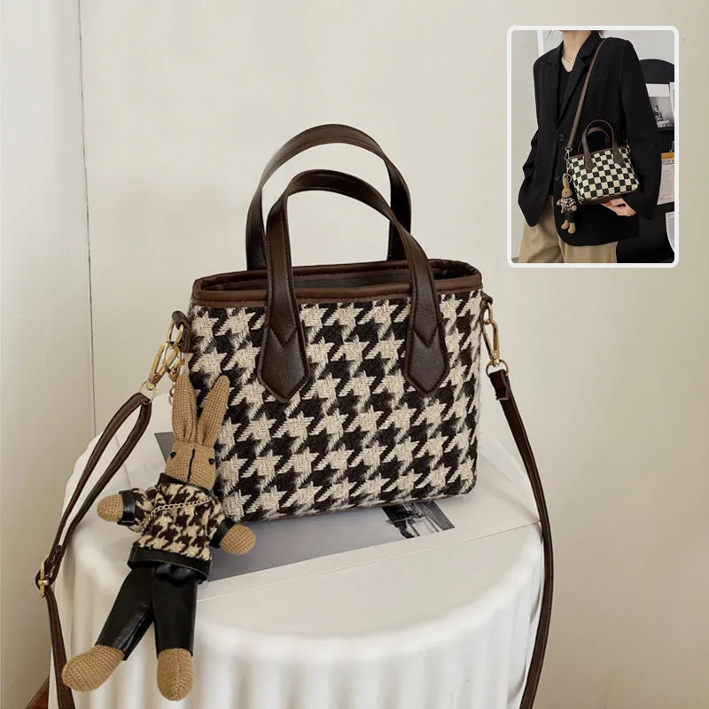 Lily – Houndstooth Pattern Tote with Vegan Leather Handles