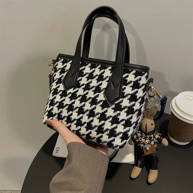 Lily – Houndstooth Pattern Tote with Vegan Leather Handles