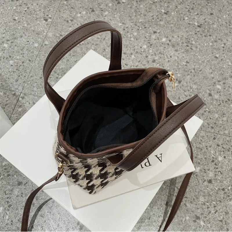 Lily – Houndstooth Pattern Tote with Vegan Leather Handles