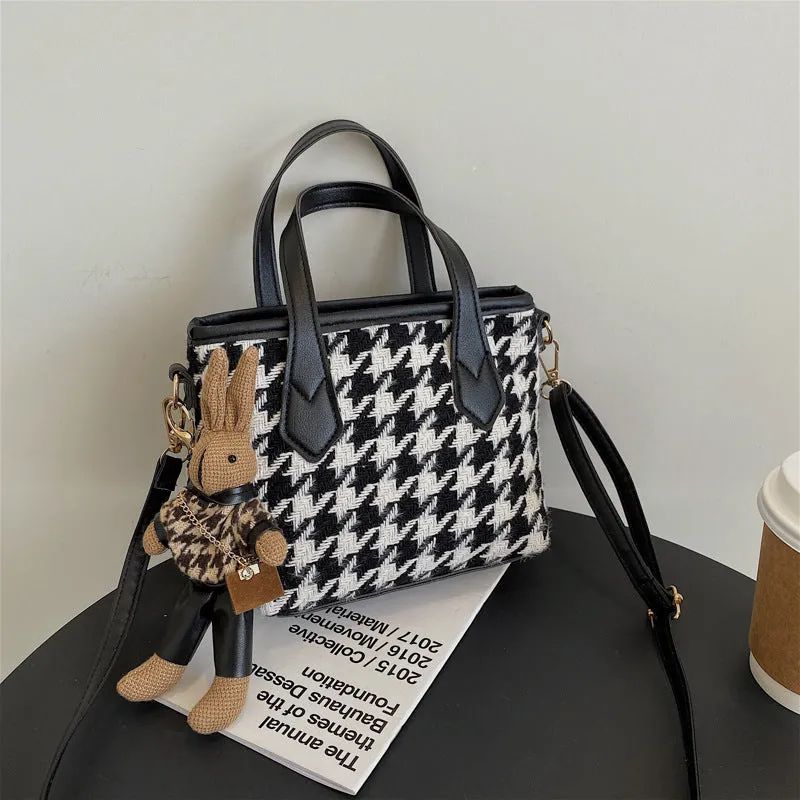 Lily – Houndstooth Pattern Tote with Vegan Leather Handles