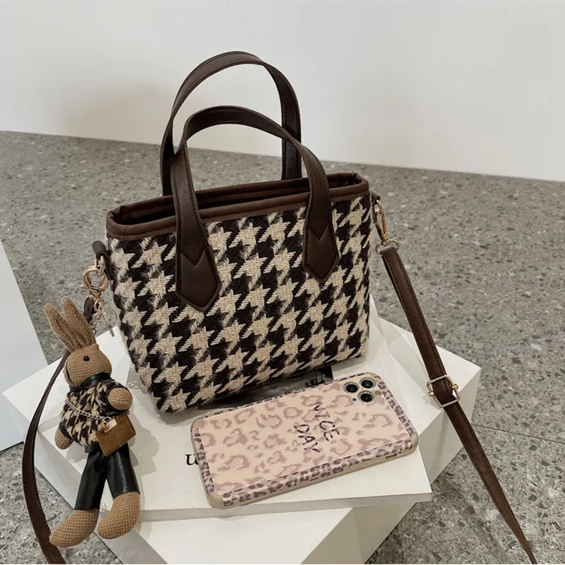 Lily – Houndstooth Pattern Tote with Vegan Leather Handles