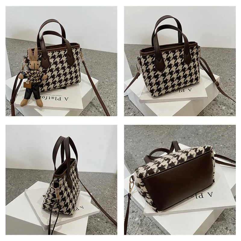 Lily – Houndstooth Pattern Tote with Vegan Leather Handles