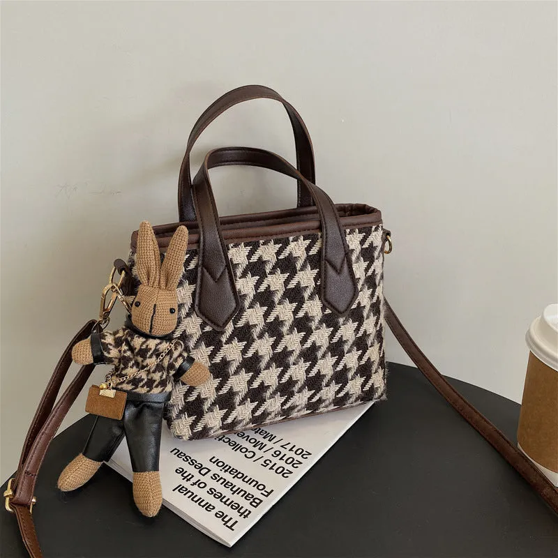 Lily – Houndstooth Pattern Tote with Vegan Leather Handles