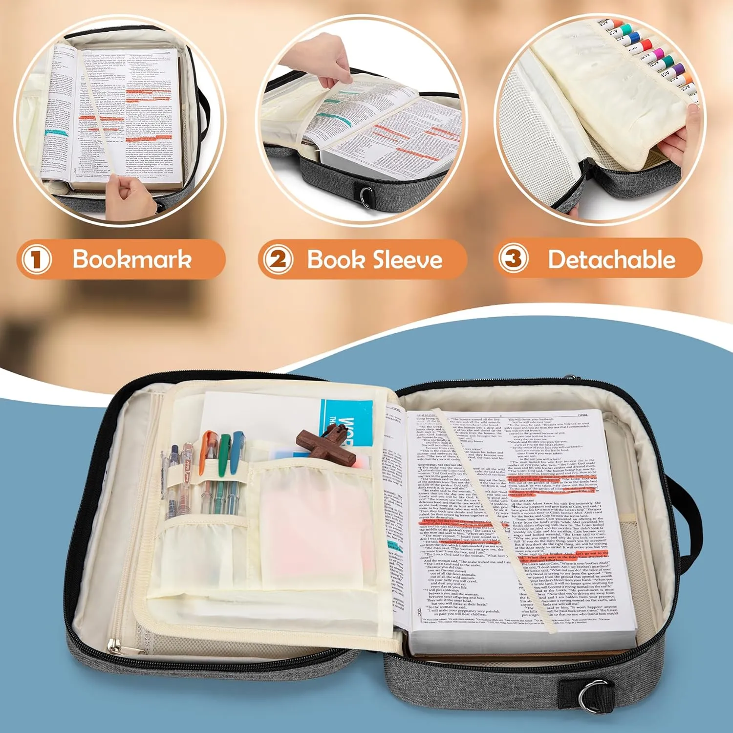 LoDrid Bible Carrying Case for Church with Multiple Pockets, Portable Bible Cover Bag with Handle and Shoulder Strap for Bible Accessories, Grey, Bag Only