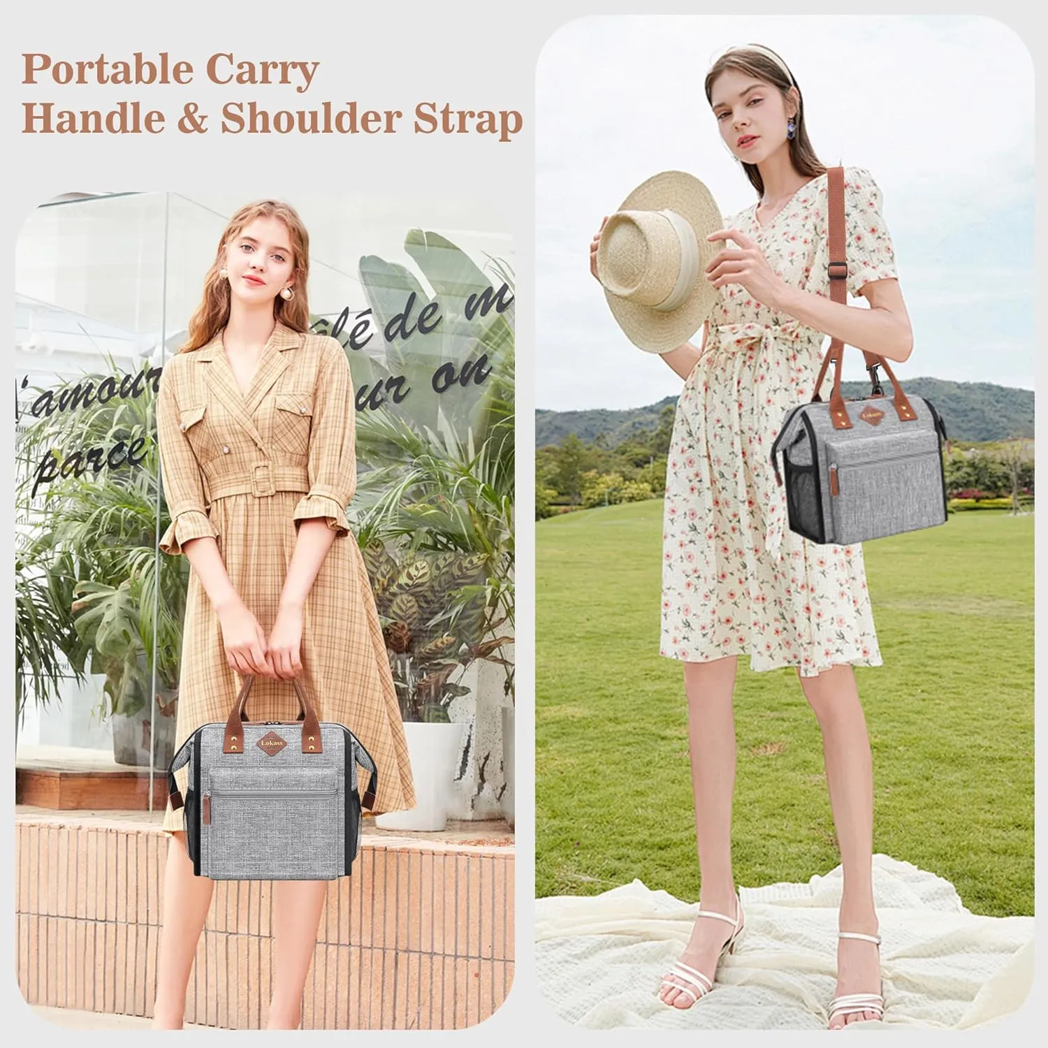 LOKASS Leak-proof Lunch Box for Women Insulated Lunch Cooler Bag Thermal Lunch Tote with Removable Shoulder Strap for Men Adults Large Picnic Bag for Office Work Outdoor, Grey
