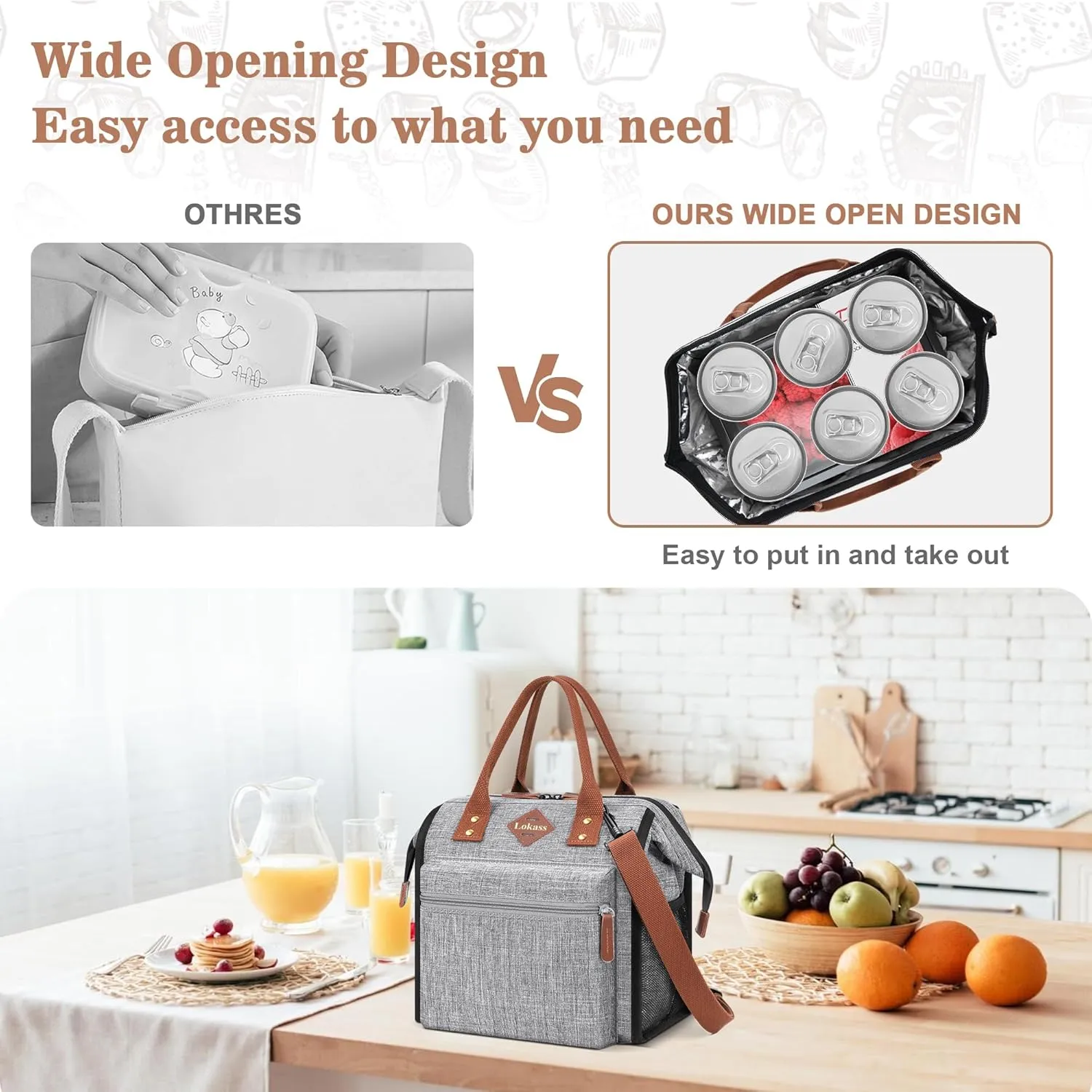 LOKASS Leak-proof Lunch Box for Women Insulated Lunch Cooler Bag Thermal Lunch Tote with Removable Shoulder Strap for Men Adults Large Picnic Bag for Office Work Outdoor, Grey