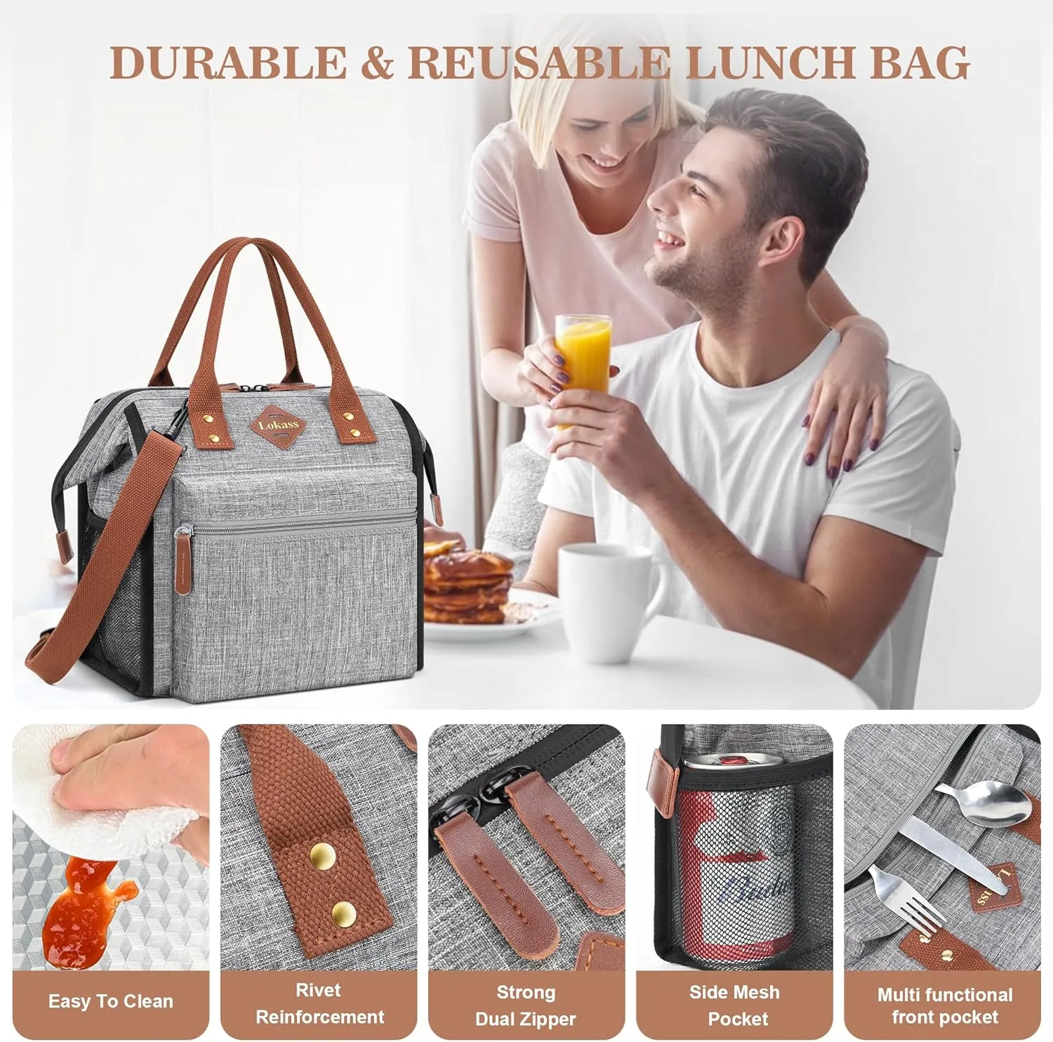 LOKASS Leak-proof Lunch Box for Women Insulated Lunch Cooler Bag Thermal Lunch Tote with Removable Shoulder Strap for Men Adults Large Picnic Bag for Office Work Outdoor, Grey