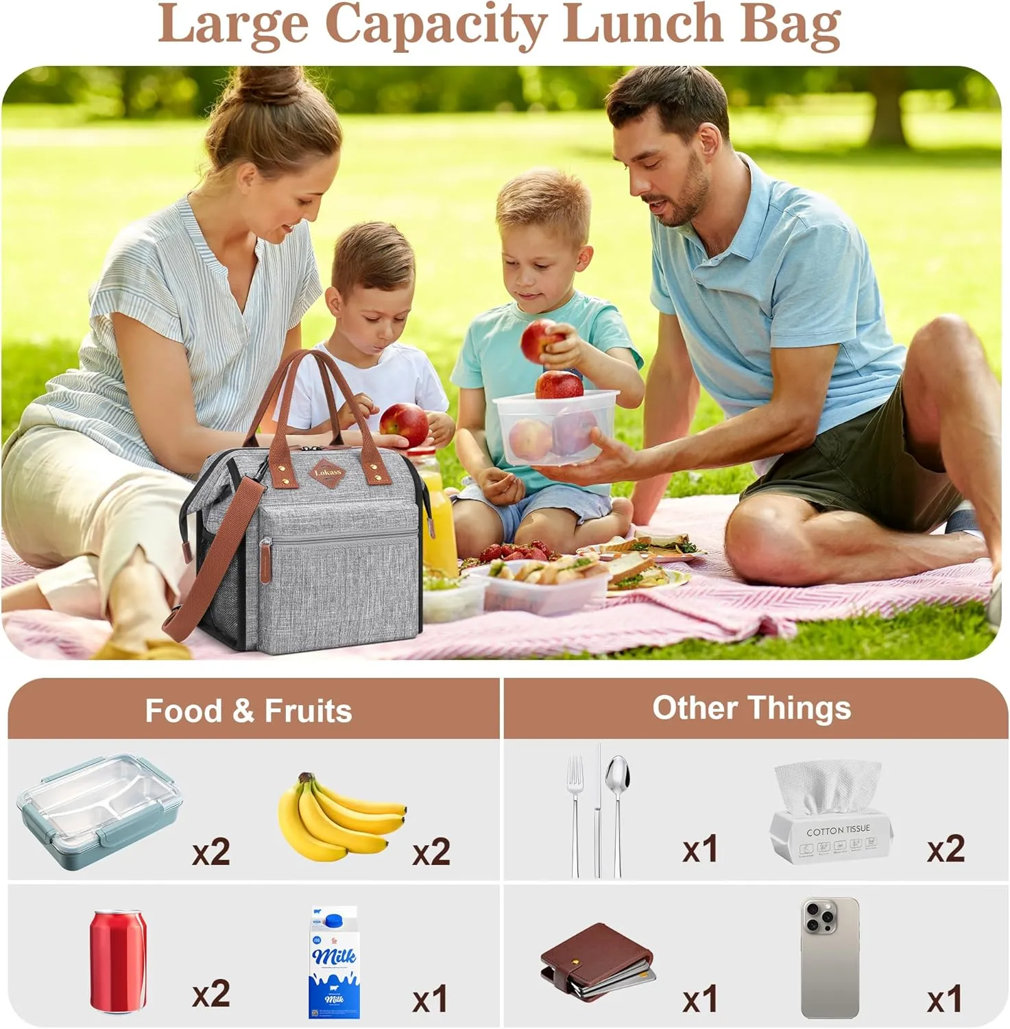 LOKASS Leak-proof Lunch Box for Women Insulated Lunch Cooler Bag Thermal Lunch Tote with Removable Shoulder Strap for Men Adults Large Picnic Bag for Office Work Outdoor, Grey