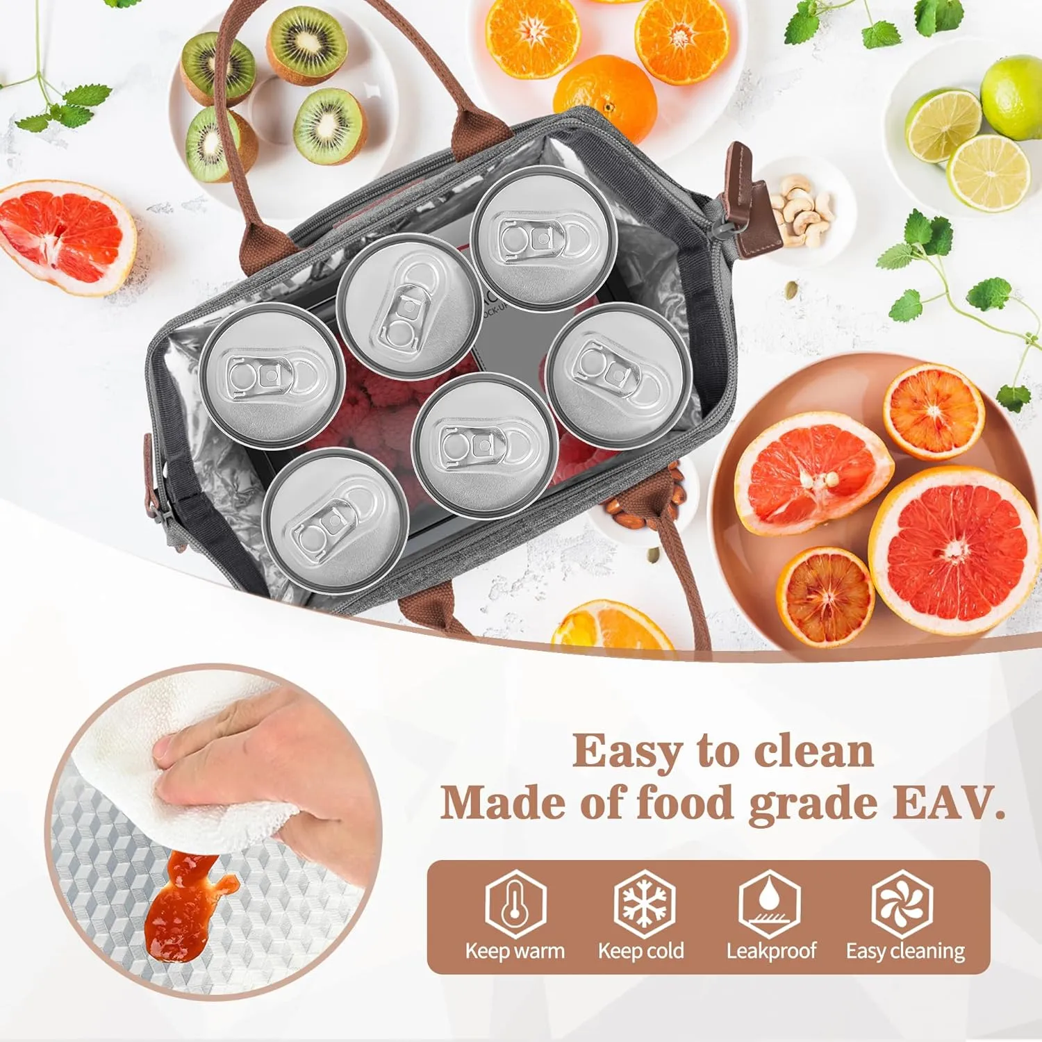 LOKASS Leak-proof Lunch Box for Women Insulated Lunch Cooler Bag Thermal Lunch Tote with Removable Shoulder Strap for Men Adults Large Picnic Bag for Office Work Outdoor, Grey