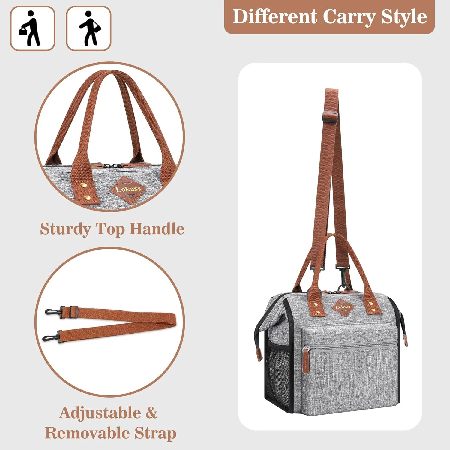 LOKASS Leak-proof Lunch Box for Women Insulated Lunch Cooler Bag Thermal Lunch Tote with Removable Shoulder Strap for Men Adults Large Picnic Bag for Office Work Outdoor, Grey