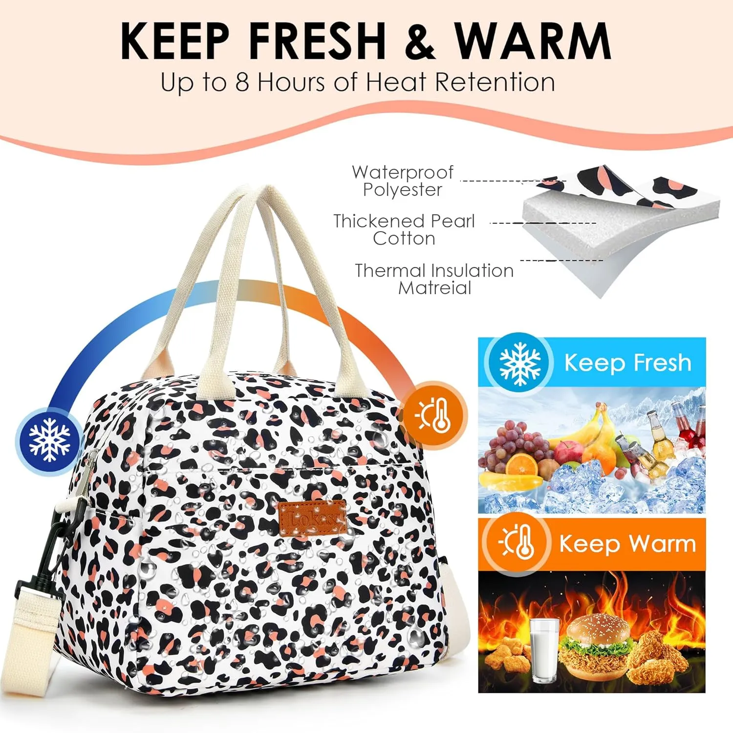 LOKASS Lunch Box for Women-Insulated Adults Lunch Bag with Removable Shoulder Strap&Front Pocket，Cute Lunch Tote for Work-Reusable Leopard Print Cooler Bag for Office Picnic Beach or Travel