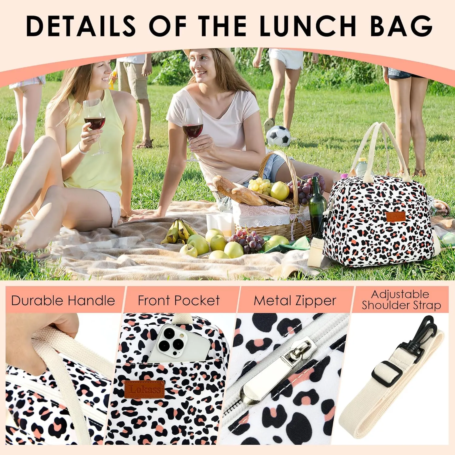 LOKASS Lunch Box for Women-Insulated Adults Lunch Bag with Removable Shoulder Strap&Front Pocket，Cute Lunch Tote for Work-Reusable Leopard Print Cooler Bag for Office Picnic Beach or Travel