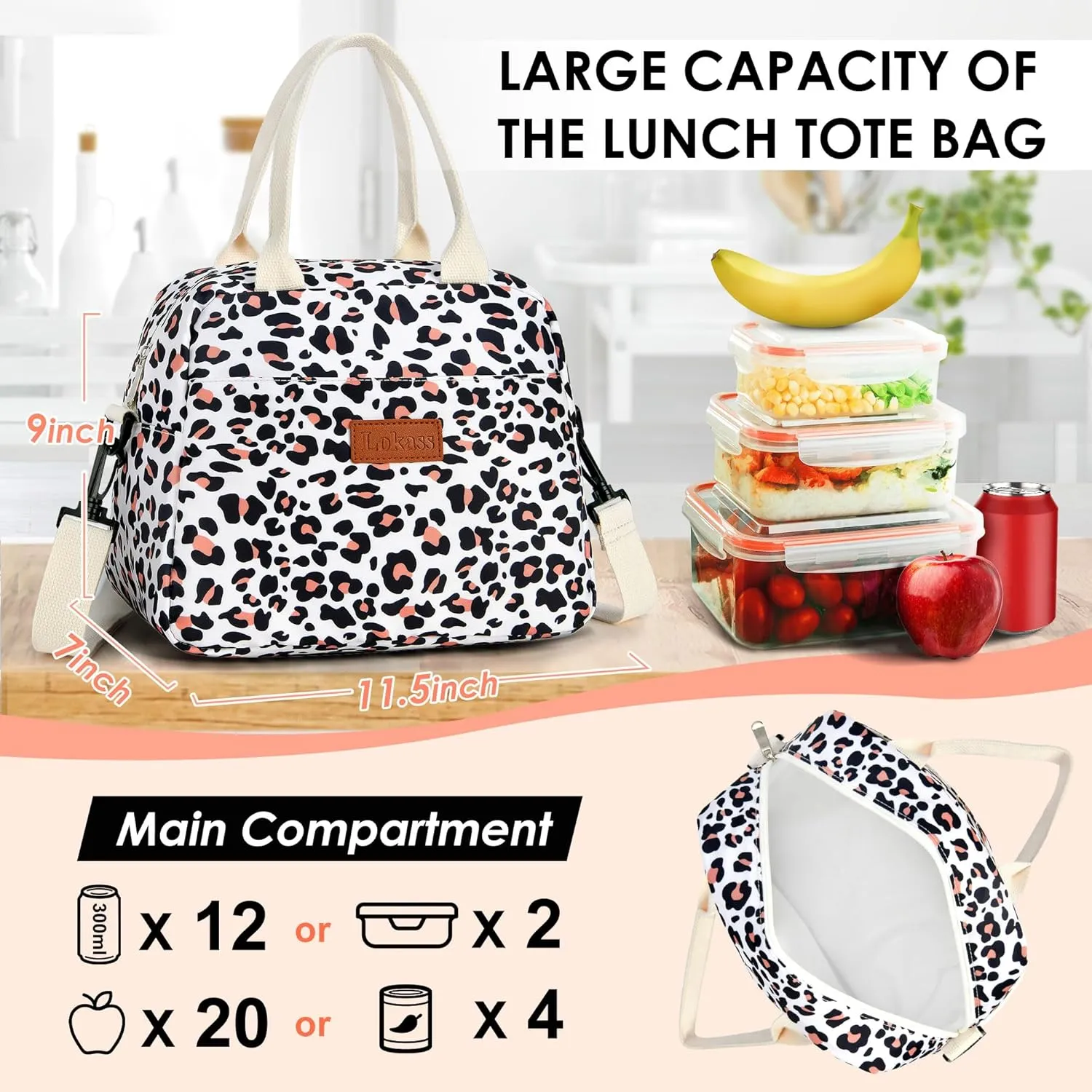 LOKASS Lunch Box for Women-Insulated Adults Lunch Bag with Removable Shoulder Strap&Front Pocket，Cute Lunch Tote for Work-Reusable Leopard Print Cooler Bag for Office Picnic Beach or Travel