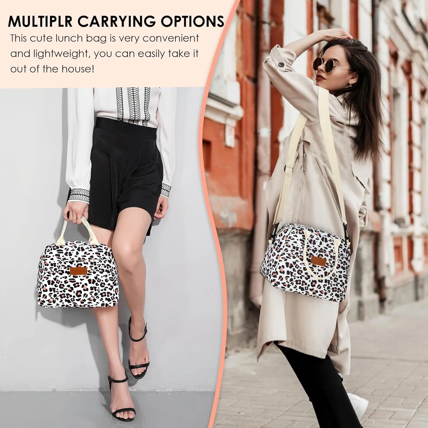 LOKASS Lunch Box for Women-Insulated Adults Lunch Bag with Removable Shoulder Strap&Front Pocket，Cute Lunch Tote for Work-Reusable Leopard Print Cooler Bag for Office Picnic Beach or Travel