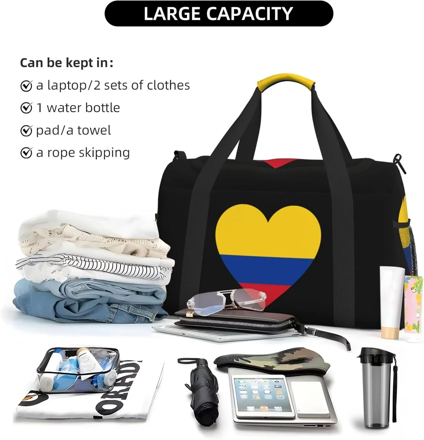 Love Colombia Flag 0 Travel Duffel Bag Large Foldable Waterproof Overnight Bag For Beach Swim Bags Pool Sports Gym
