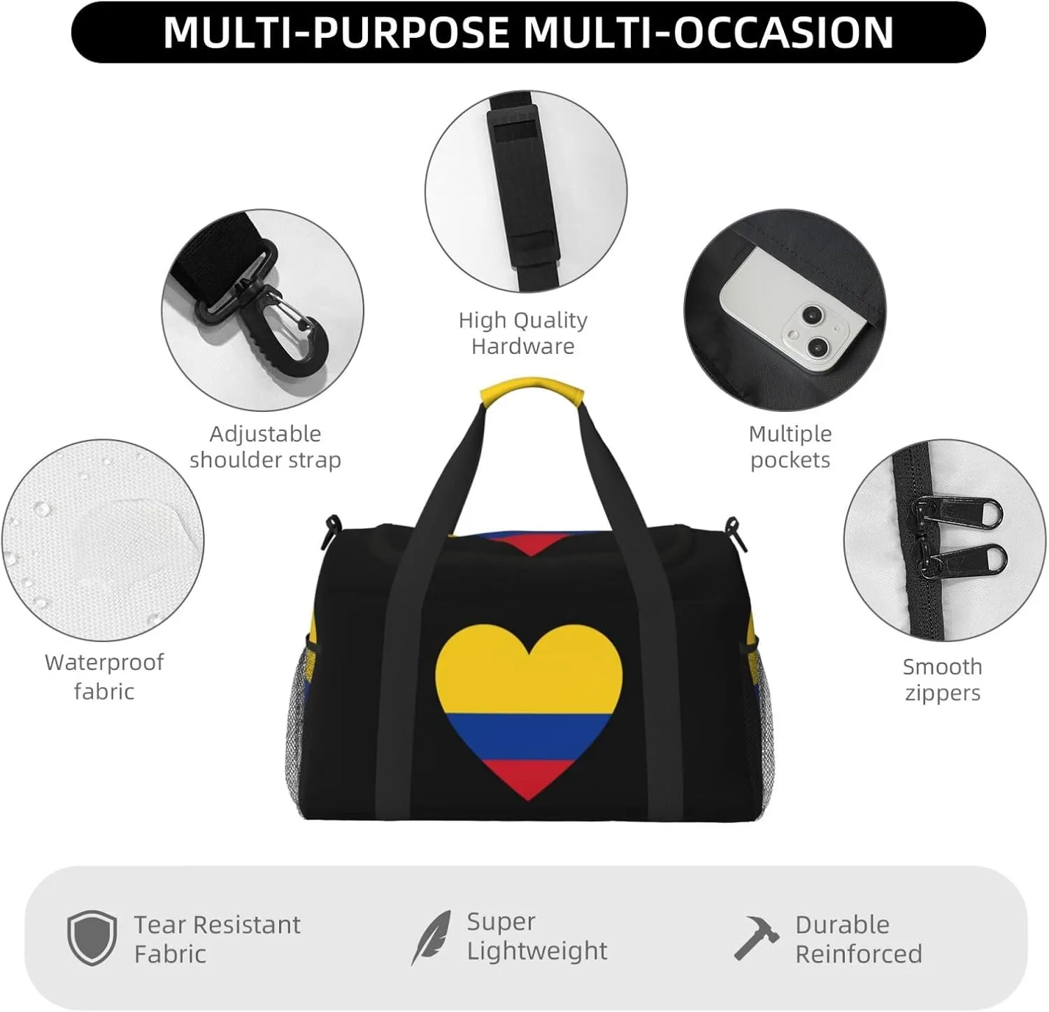 Love Colombia Flag 0 Travel Duffel Bag Large Foldable Waterproof Overnight Bag For Beach Swim Bags Pool Sports Gym
