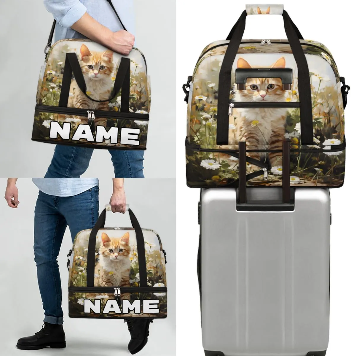 Lovely Cat Print Custom Foldable Duffle Bag with Shoes Compartment Personalized Large Capacity Waterproof Travel Weekender Bag Overnight Bag for Sports Gym