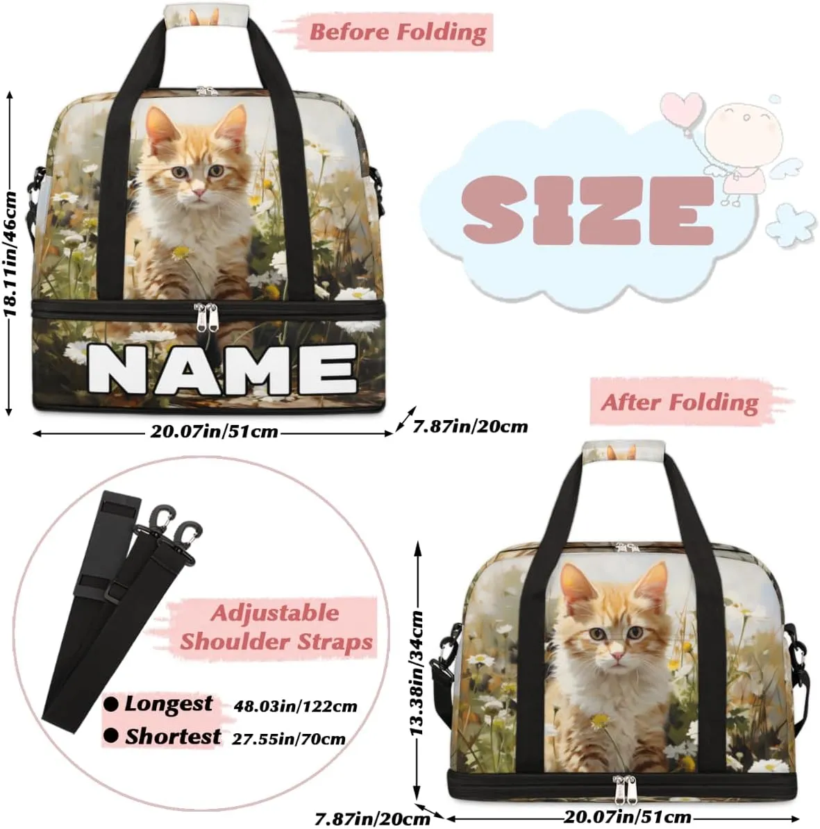 Lovely Cat Print Custom Foldable Duffle Bag with Shoes Compartment Personalized Large Capacity Waterproof Travel Weekender Bag Overnight Bag for Sports Gym