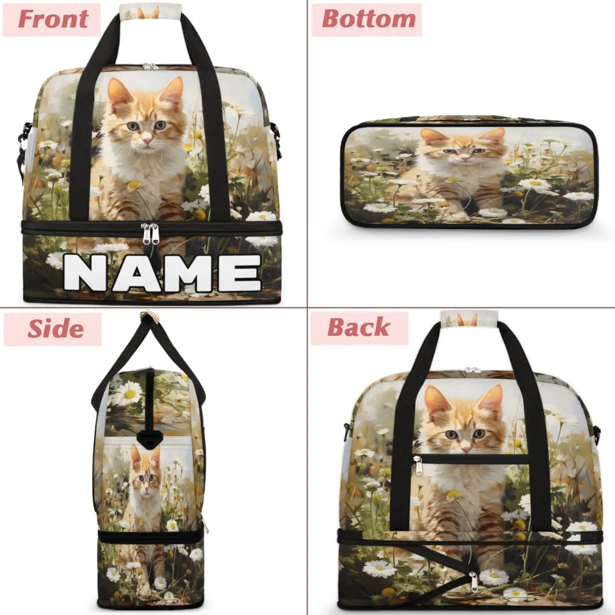 Lovely Cat Print Custom Foldable Duffle Bag with Shoes Compartment Personalized Large Capacity Waterproof Travel Weekender Bag Overnight Bag for Sports Gym