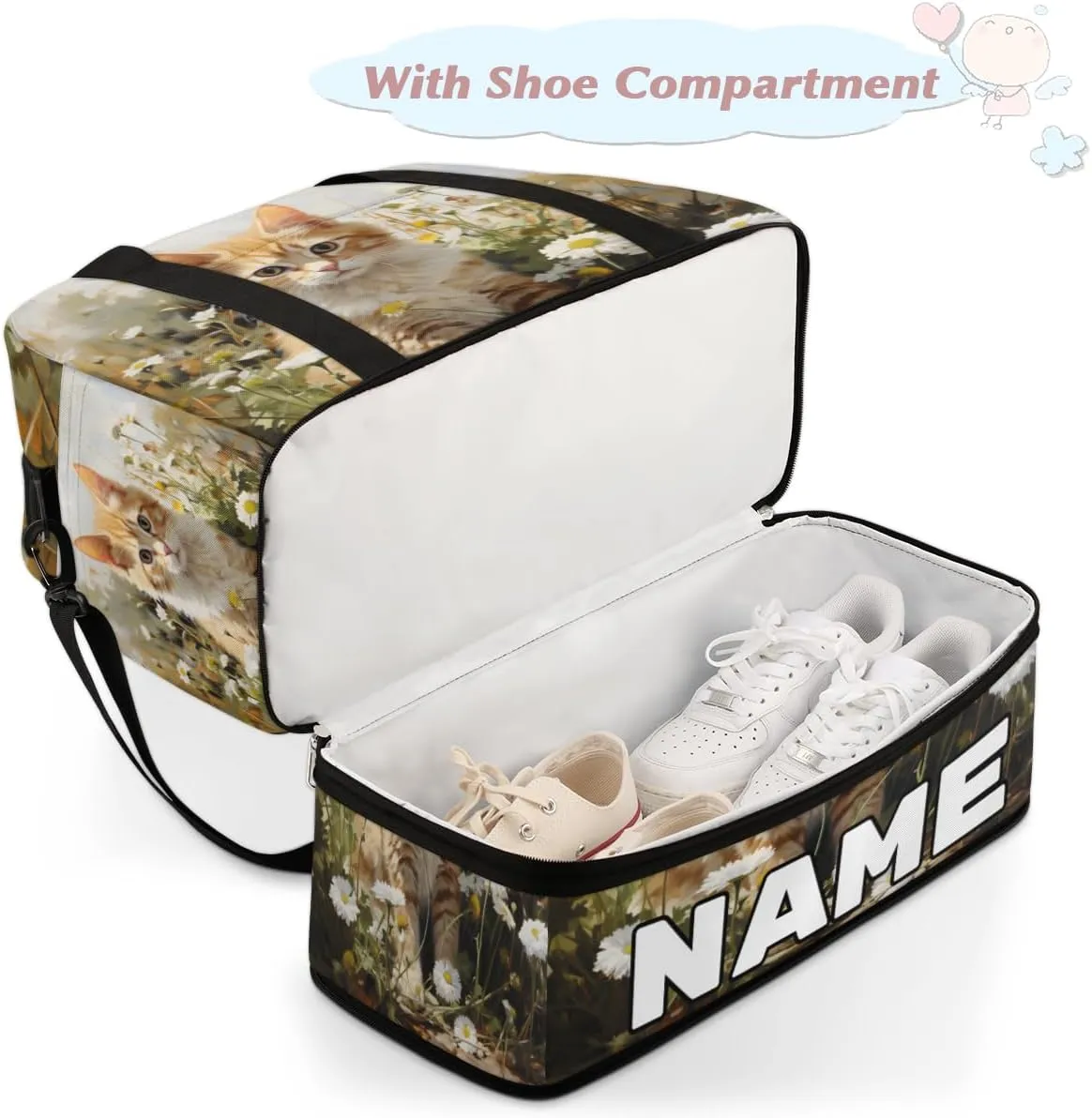 Lovely Cat Print Custom Foldable Duffle Bag with Shoes Compartment Personalized Large Capacity Waterproof Travel Weekender Bag Overnight Bag for Sports Gym