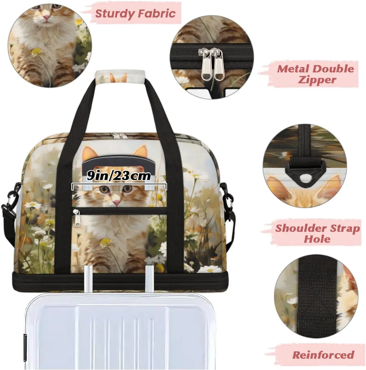 Lovely Cat Print Custom Foldable Duffle Bag with Shoes Compartment Personalized Large Capacity Waterproof Travel Weekender Bag Overnight Bag for Sports Gym