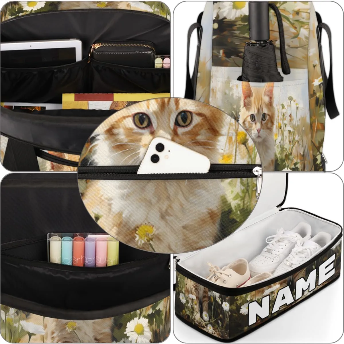 Lovely Cat Print Custom Foldable Duffle Bag with Shoes Compartment Personalized Large Capacity Waterproof Travel Weekender Bag Overnight Bag for Sports Gym