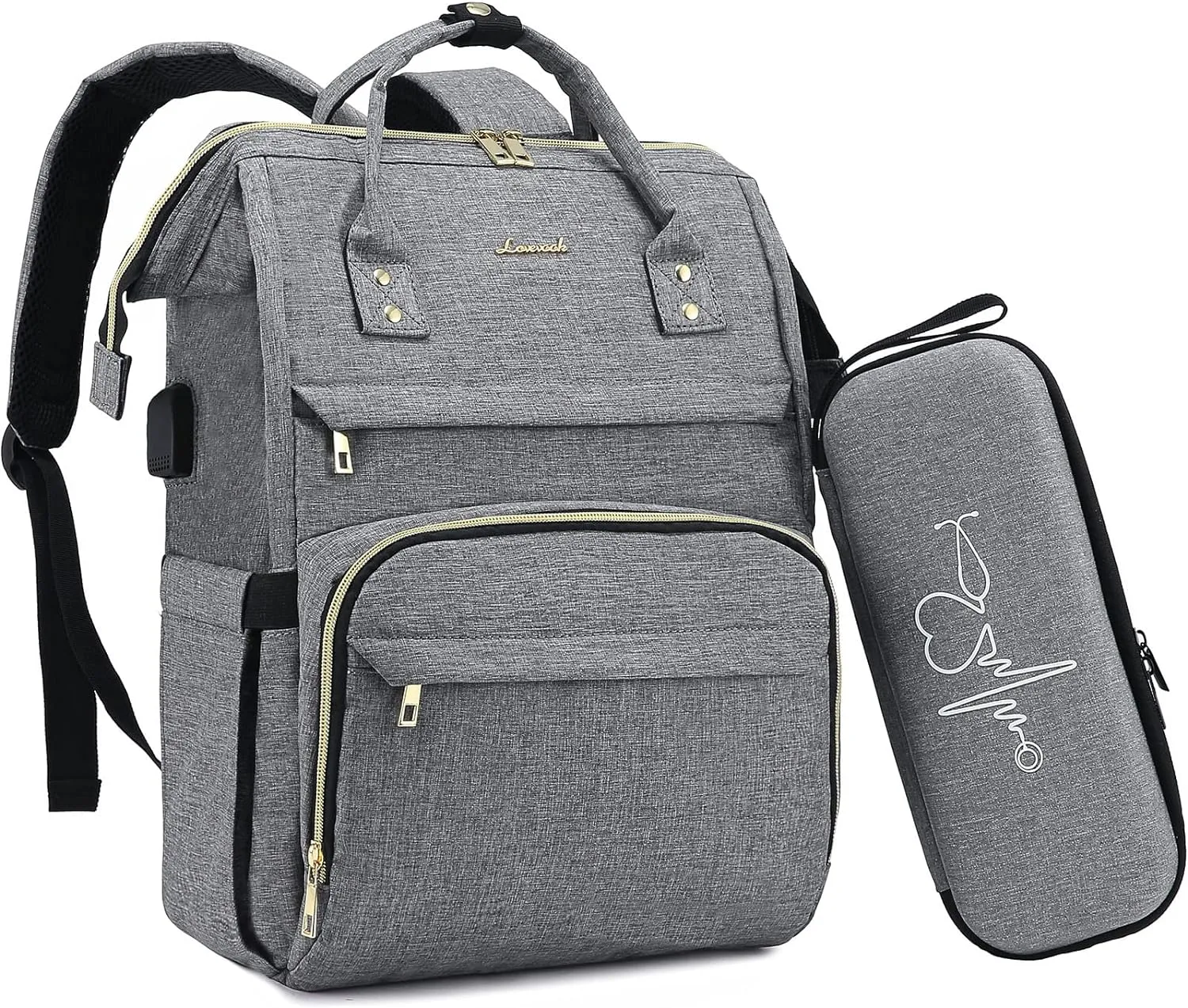 LOVEVOOK Nurse Backpack Laptop Backpack for Women with Stethoscope Case & USB Charging Port Anti Theft Travel Large Capacity Backpacks Doctor Bag Fits 17 Inch Laptop and Notebook,Grey