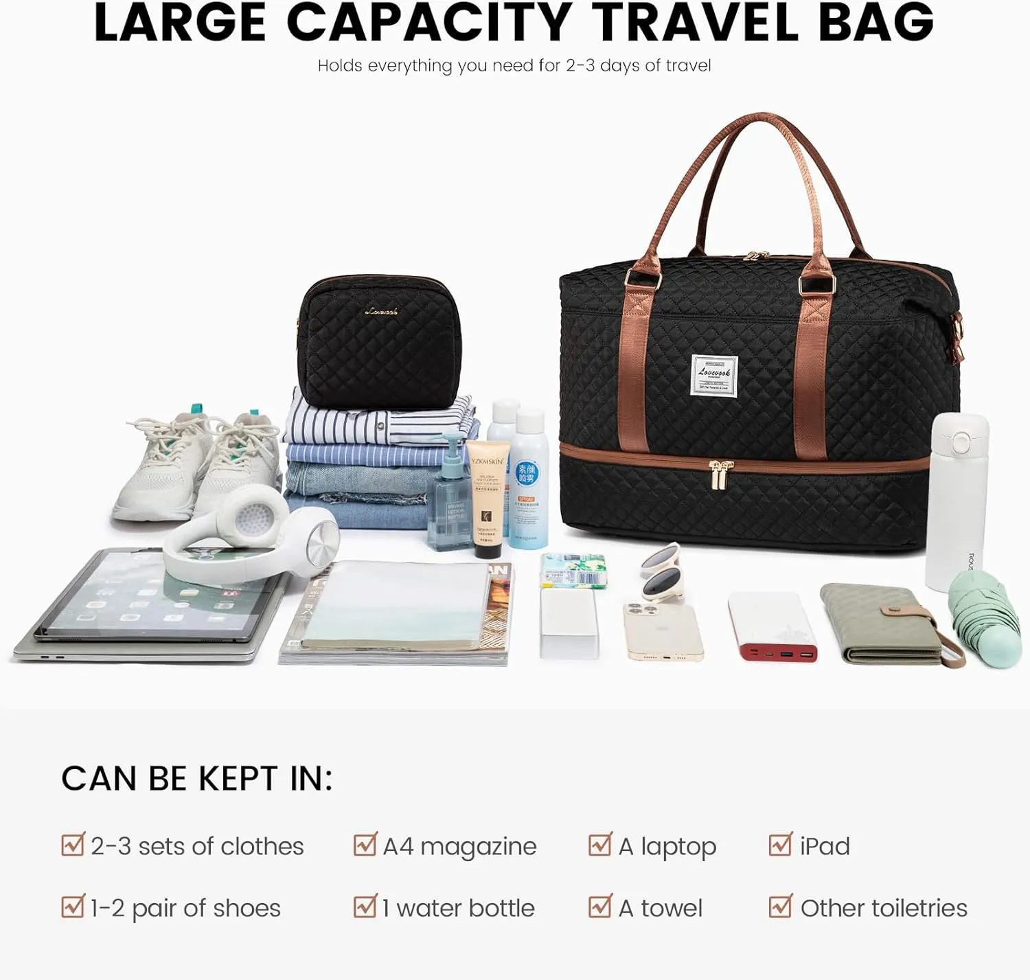 LOVEVOOK Travel Duffle Bag,Weekender Bags for Women with Shoe Compartment，Carry on Overnight Bag with Toiletry Bag,Gym Duffel Bag with Wet Pocket, Hospital Bags for Labor and Delivery