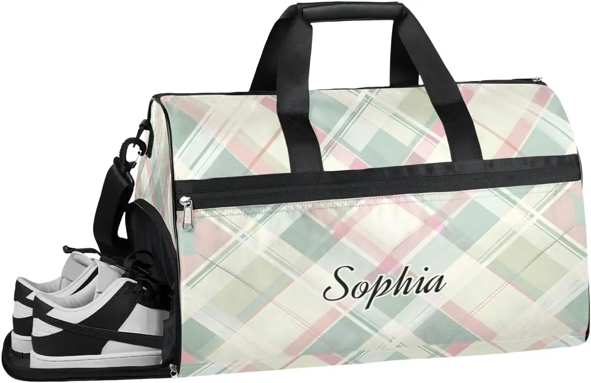 Luggage Bag for Women Overnight Bag for Adults Custom Large Duffel Bags Travel Bag Gym Bag for Training Soccer Swim Yoga Travel Green Plaid Sports Duffel Bag