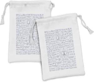 Lunarable Equations Fabric Pouch Set of 2, Room Concept Pattern with Math Calculations on Notebook, Small Drawstring Bag for Toiletries Masks and Favors, 9" x 6", Indigo Pale Ceil Blue