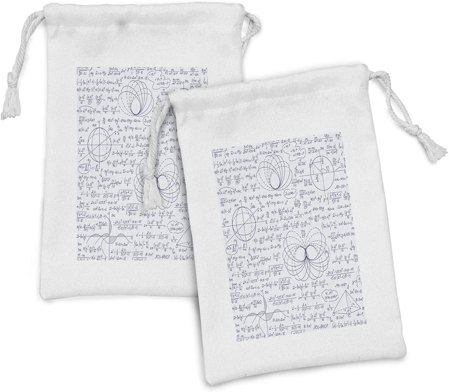 Lunarable Equations Fabric Pouch Set of 2, Room Concept Pattern with Math Calculations on Notebook, Small Drawstring Bag for Toiletries Masks and Favors, 9" x 6", Indigo Pale Ceil Blue