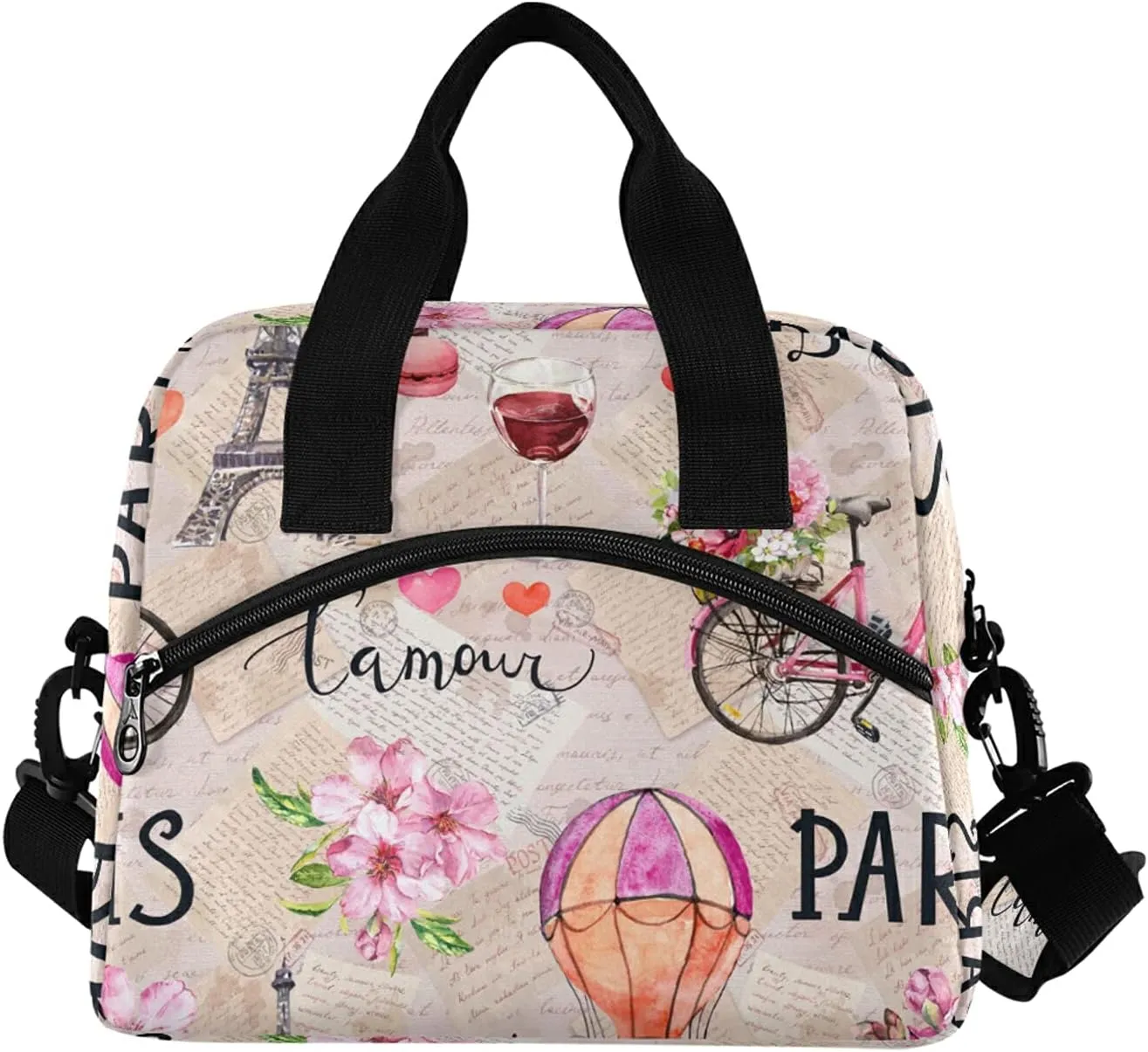 Lunch Bag Cooler Tote Bag insulated large Eiffel Tower Pink Flowers Bicycl French Paris for women travel School Work Portable Pocket Adjustable Shoulder Strap