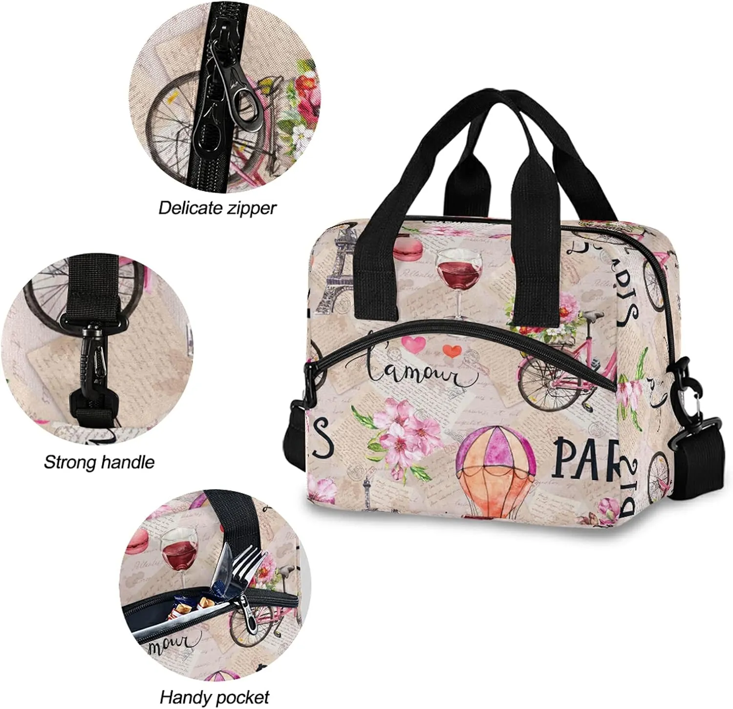 Lunch Bag Cooler Tote Bag insulated large Eiffel Tower Pink Flowers Bicycl French Paris for women travel School Work Portable Pocket Adjustable Shoulder Strap