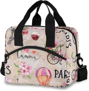 Lunch Bag Cooler Tote Bag insulated large Eiffel Tower Pink Flowers Bicycl French Paris for women travel School Work Portable Pocket Adjustable Shoulder Strap