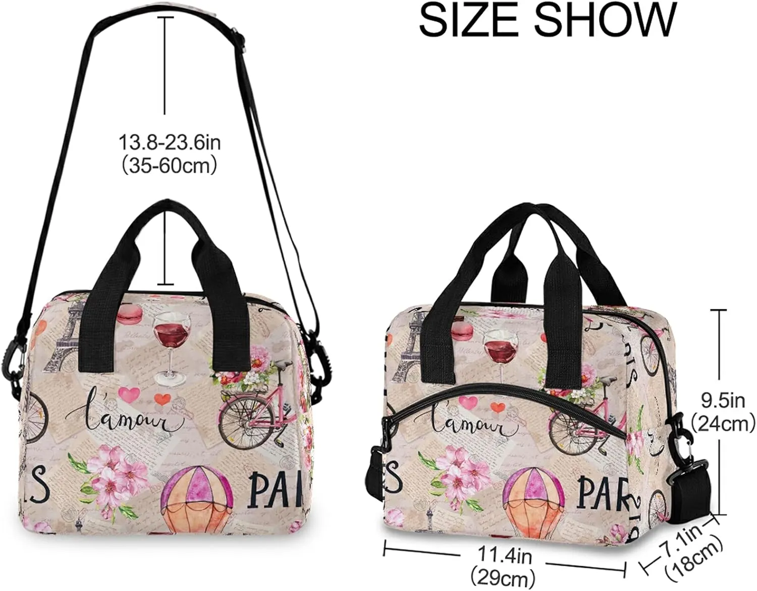 Lunch Bag Cooler Tote Bag insulated large Eiffel Tower Pink Flowers Bicycl French Paris for women travel School Work Portable Pocket Adjustable Shoulder Strap