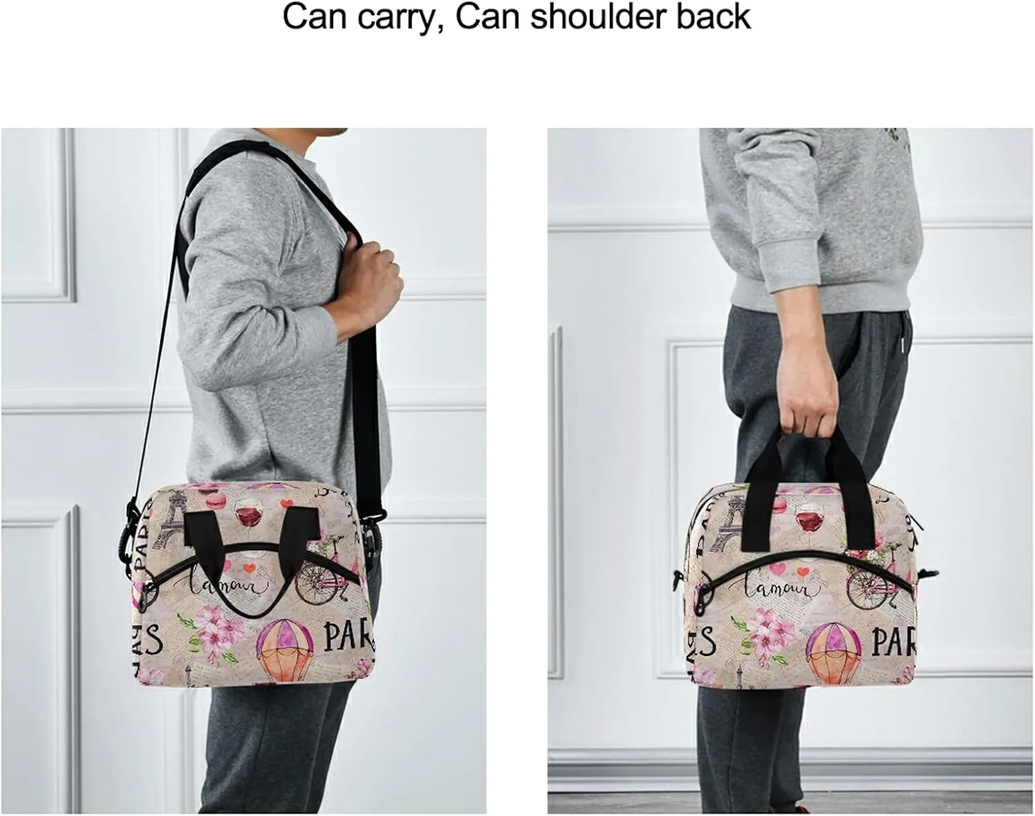 Lunch Bag Cooler Tote Bag insulated large Eiffel Tower Pink Flowers Bicycl French Paris for women travel School Work Portable Pocket Adjustable Shoulder Strap