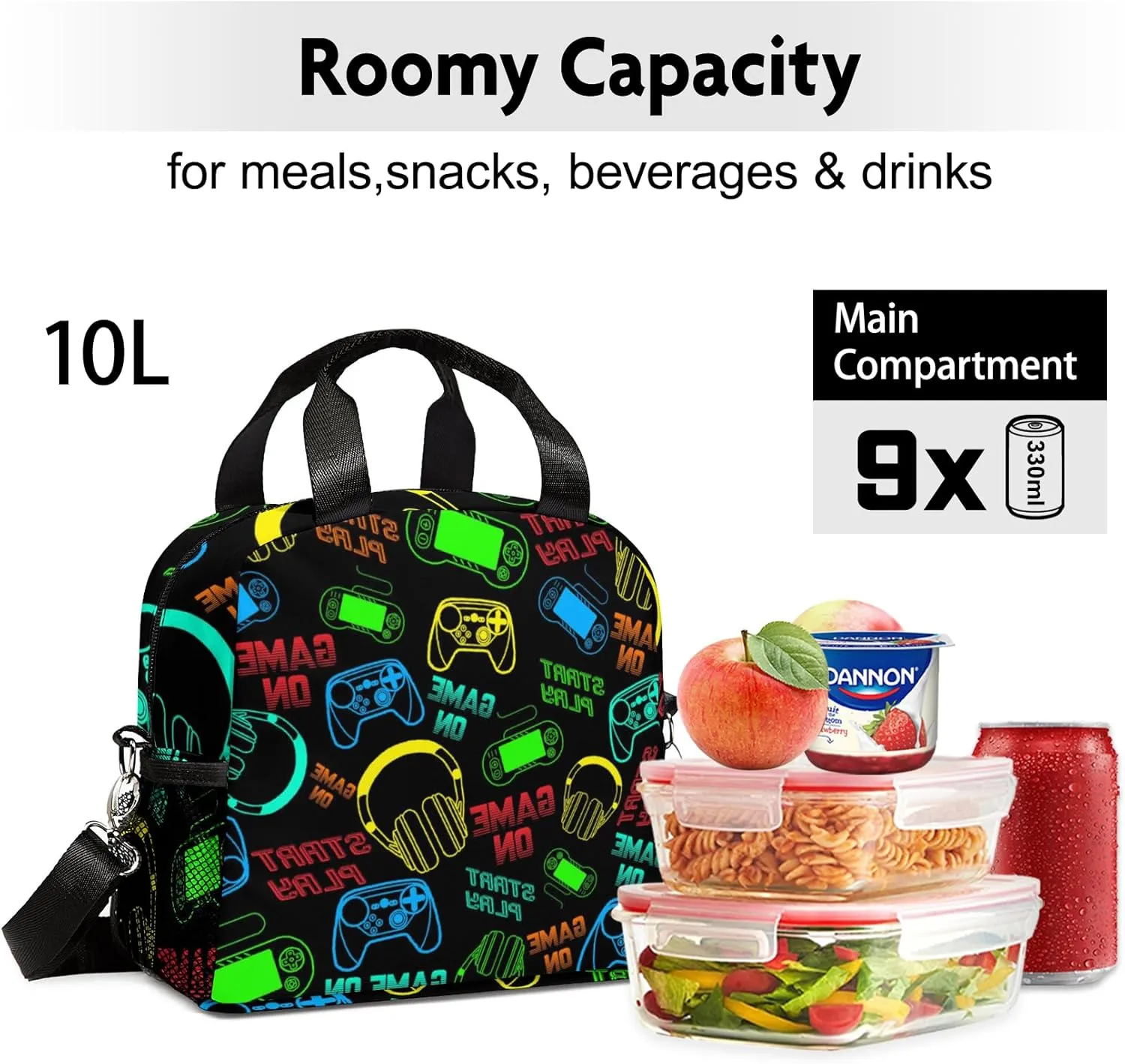 Lunch Bag for Boys,Video Game Lunch Box Insulated Lunch Bag With Adjustable Shoulder for girls kids,Small Reusable Lunch Bags for Work School