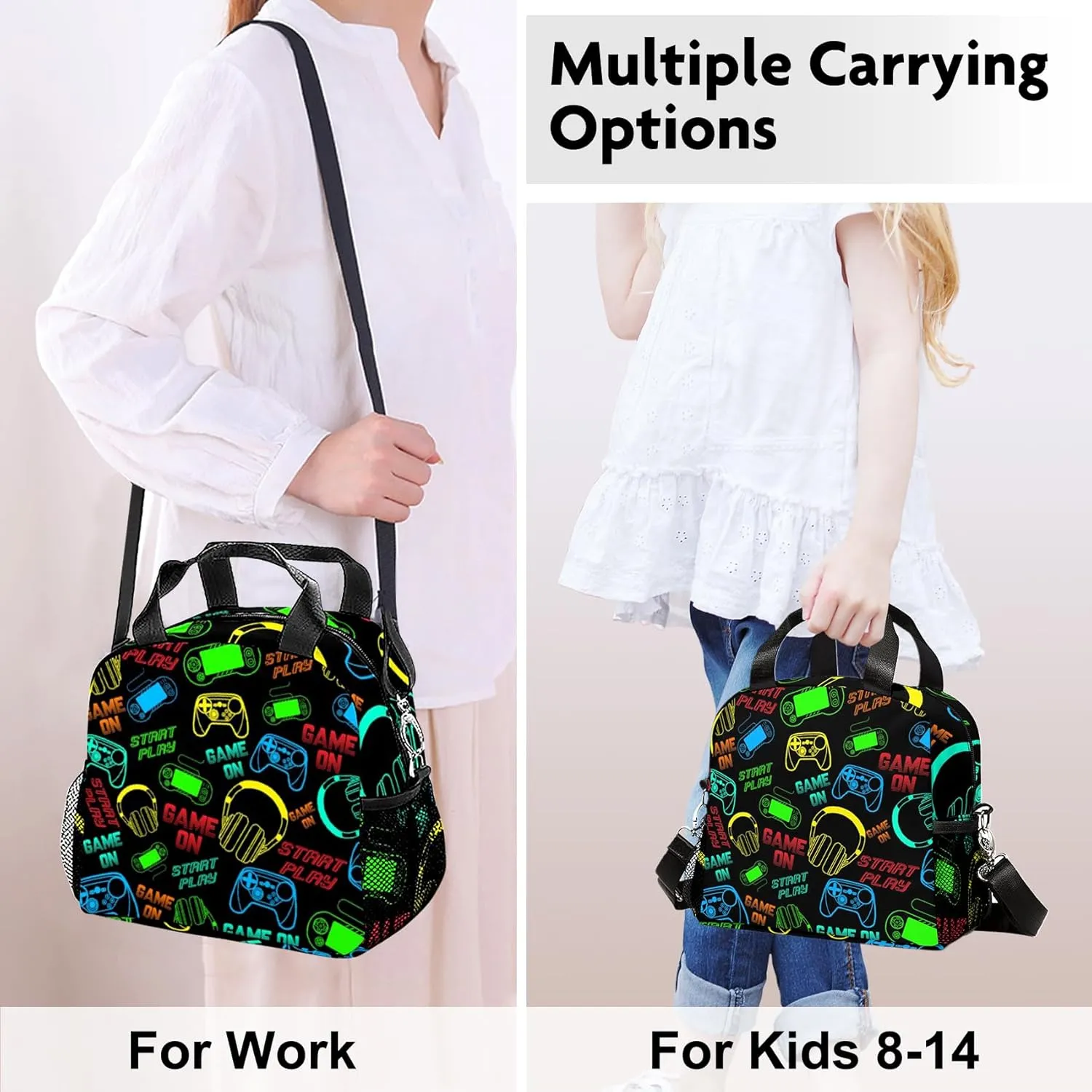 Lunch Bag for Boys,Video Game Lunch Box Insulated Lunch Bag With Adjustable Shoulder for girls kids,Small Reusable Lunch Bags for Work School